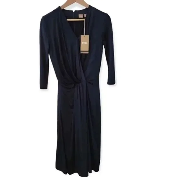 BOSS Hugo Boss Exandria V-neck Faux Wrap Midi Dress Navy long sleeve $348 - Picture 2 of 10